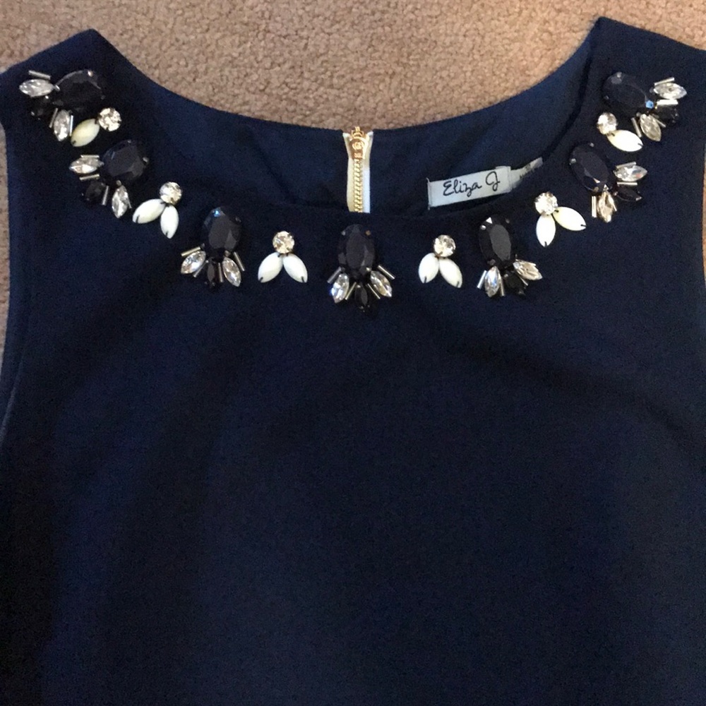 Eliza J Navy blue embellished neckline dress